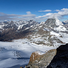 Amazing Winter view of mount Matterhorn covered with clouds, Canton of Valais, Alps, Switzerland