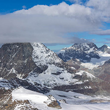 Amazing Winter view of mount Matterhorn covered with clouds, Canton of Valais, Alps, Switzerland