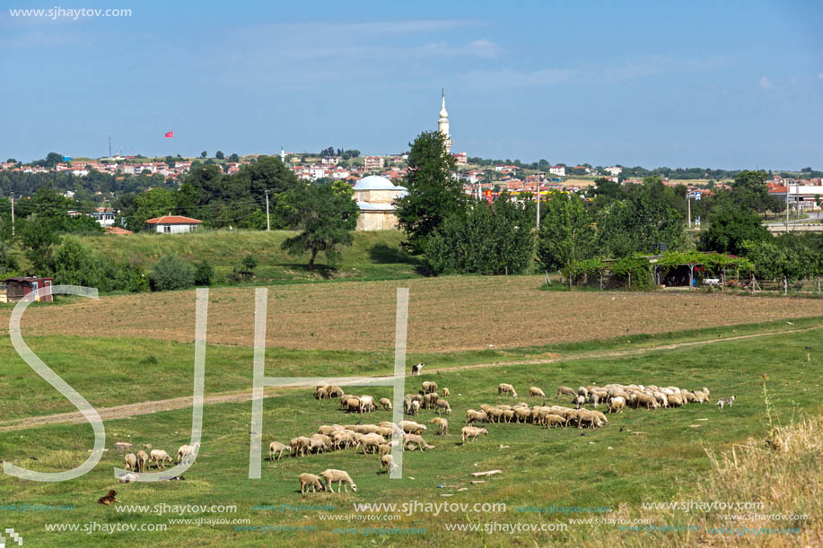 Landscape with green meadows on the outskirts of city of Edirne,  East Thrace, Turkey