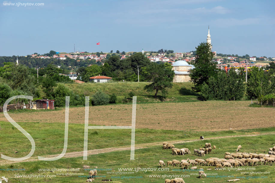 Landscape with green meadows on the outskirts of city of Edirne,  East Thrace, Turkey