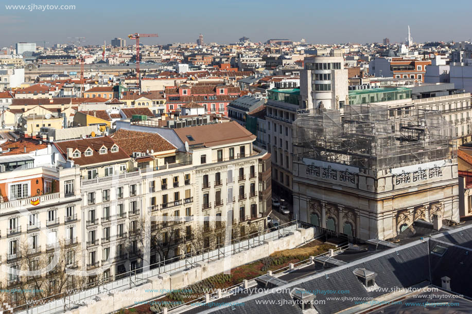 MADRID, SPAIN - JANUARY 24, 2018:  Panoramic view from the terrace of Cybele Palace (Palacio de Cibeles), Madrid, Spain