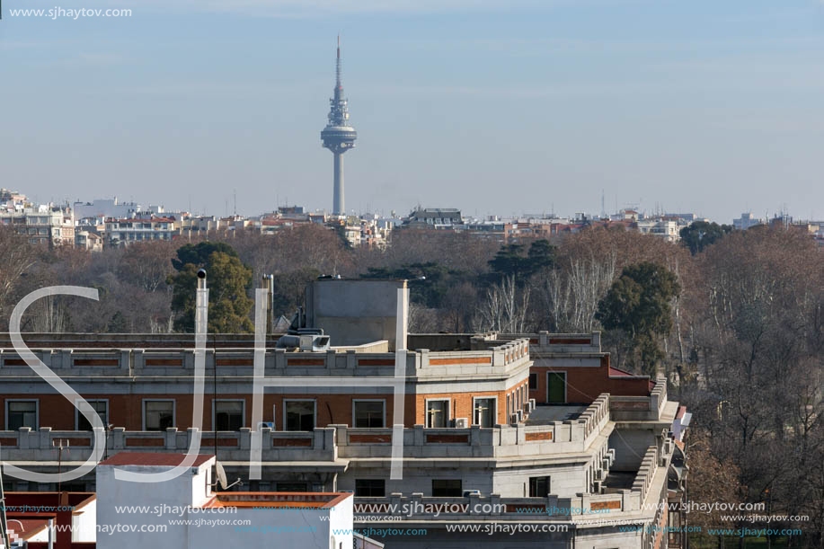 MADRID, SPAIN - JANUARY 24, 2018:  Panoramic view from the terrace of Cybele Palace (Palacio de Cibeles), Madrid, Spain