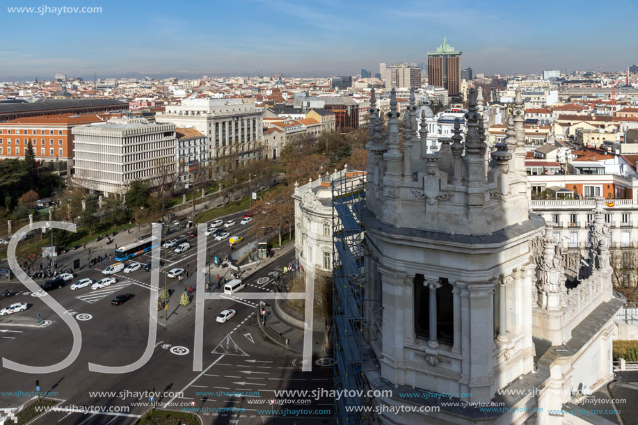 MADRID, SPAIN - JANUARY 24, 2018:  Panoramic view from the terrace of Cybele Palace (Palacio de Cibeles), Madrid, Spain