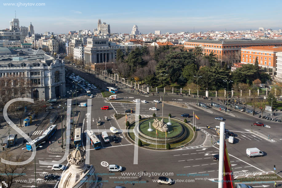 MADRID, SPAIN - JANUARY 24, 2018:  Panoramic view from the terrace of Cybele Palace (Palacio de Cibeles), Madrid, Spain