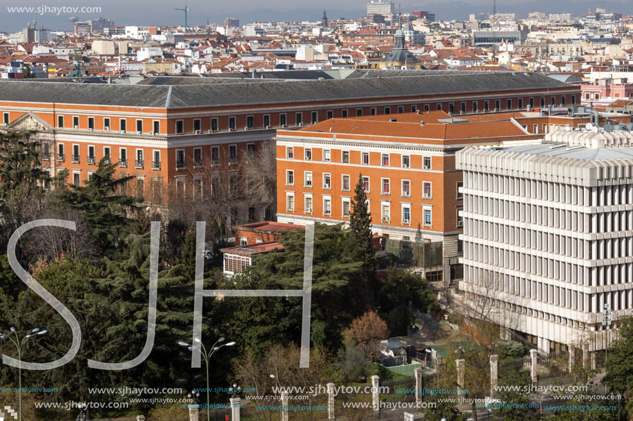 MADRID, SPAIN - JANUARY 24, 2018:  Panoramic view from the terrace of Cybele Palace (Palacio de Cibeles), Madrid, Spain