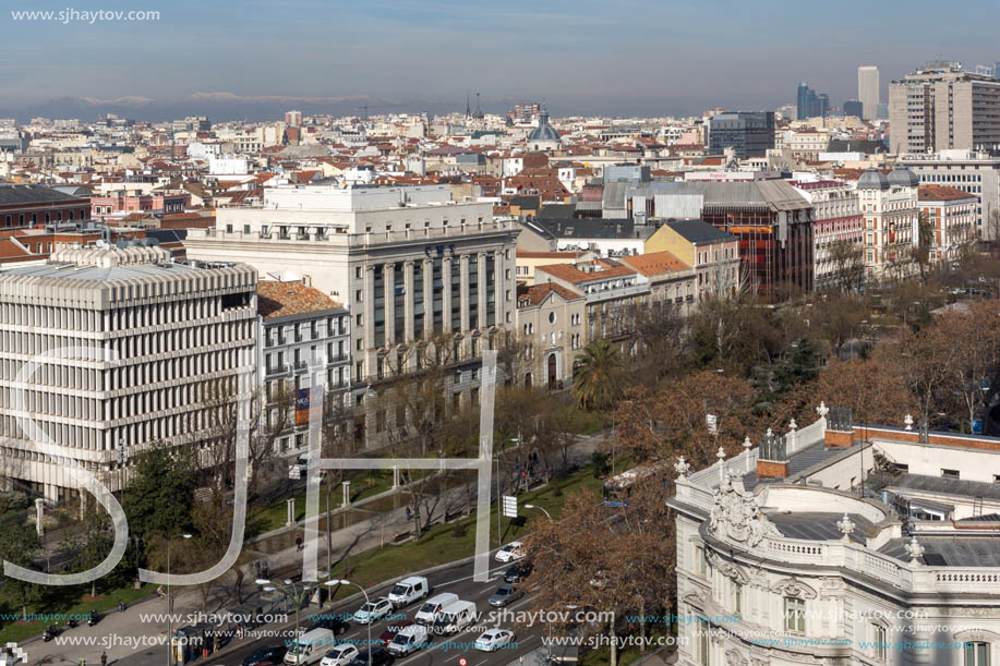 MADRID, SPAIN - JANUARY 24, 2018:  Panoramic view from the terrace of Cybele Palace (Palacio de Cibeles), Madrid, Spain