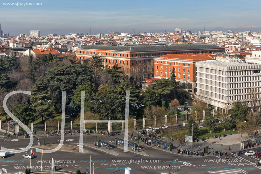 MADRID, SPAIN - JANUARY 24, 2018:  Panoramic view from the terrace of Cybele Palace (Palacio de Cibeles), Madrid, Spain