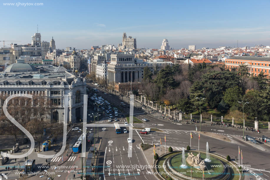 MADRID, SPAIN - JANUARY 24, 2018:  Panoramic view from the terrace of Cybele Palace (Palacio de Cibeles), Madrid, Spain