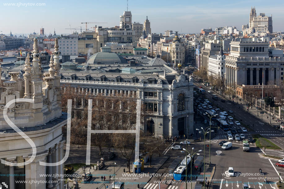 MADRID, SPAIN - JANUARY 24, 2018:  Panoramic view from the terrace of Cybele Palace (Palacio de Cibeles), Madrid, Spain