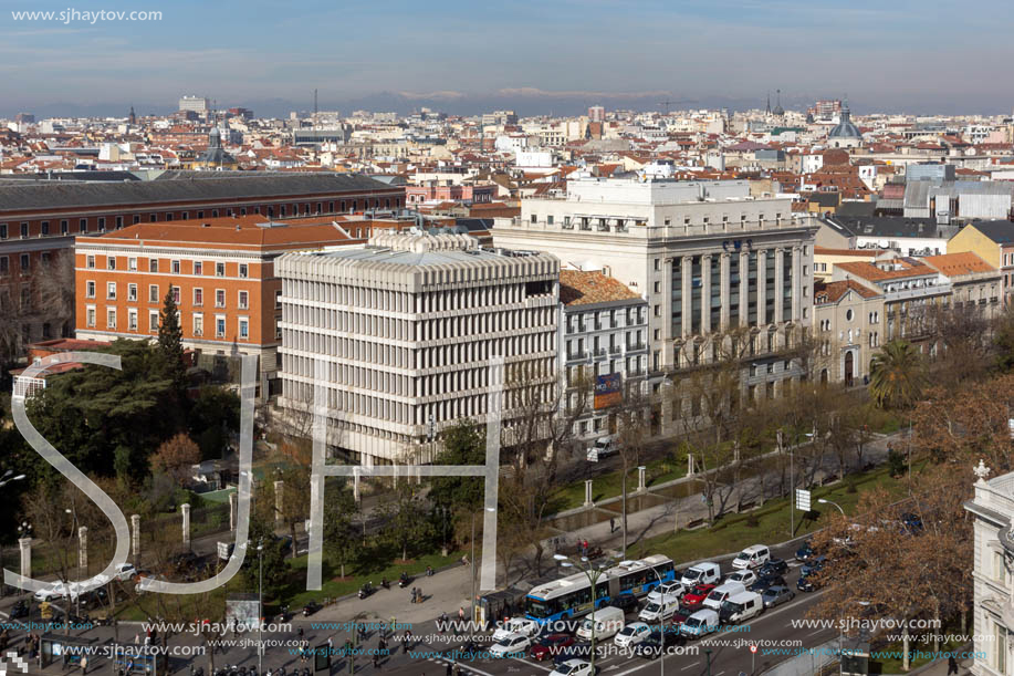 MADRID, SPAIN - JANUARY 24, 2018:  Panoramic view from the terrace of Cybele Palace (Palacio de Cibeles), Madrid, Spain