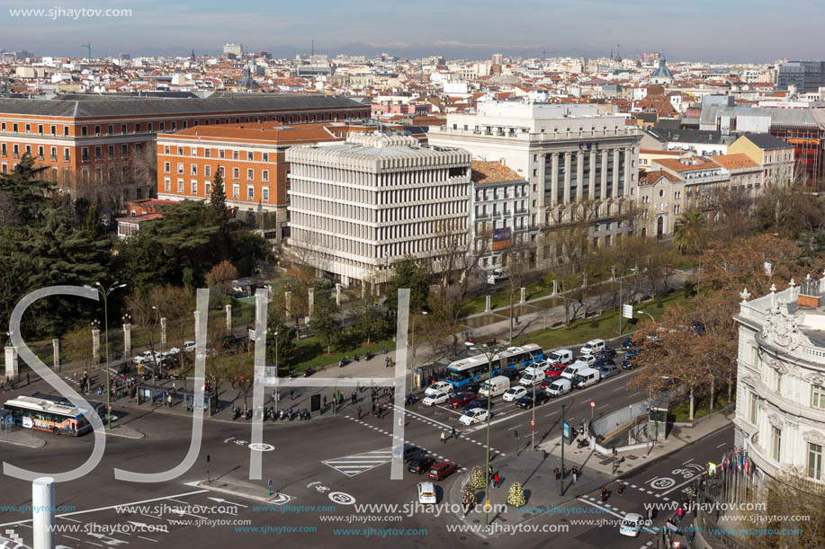 MADRID, SPAIN - JANUARY 24, 2018:  Panoramic view from the terrace of Cybele Palace (Palacio de Cibeles), Madrid, Spain