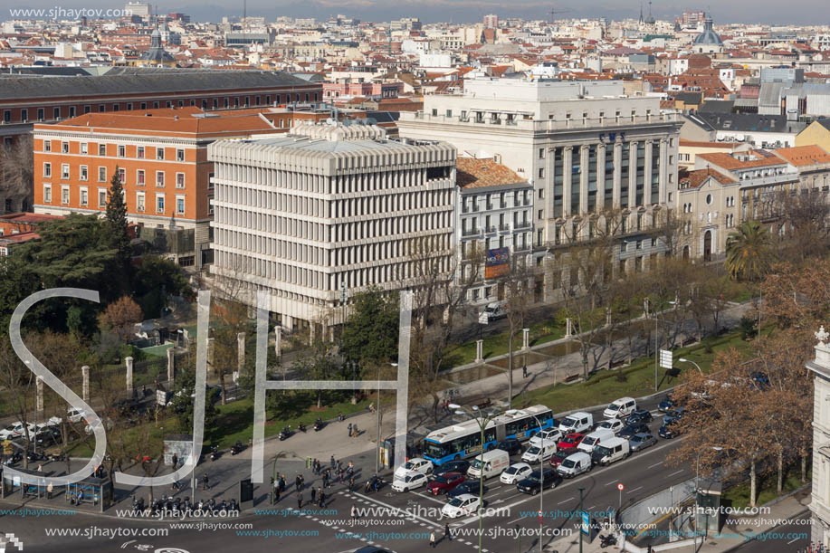 MADRID, SPAIN - JANUARY 24, 2018:  Panoramic view from the terrace of Cybele Palace (Palacio de Cibeles), Madrid, Spain