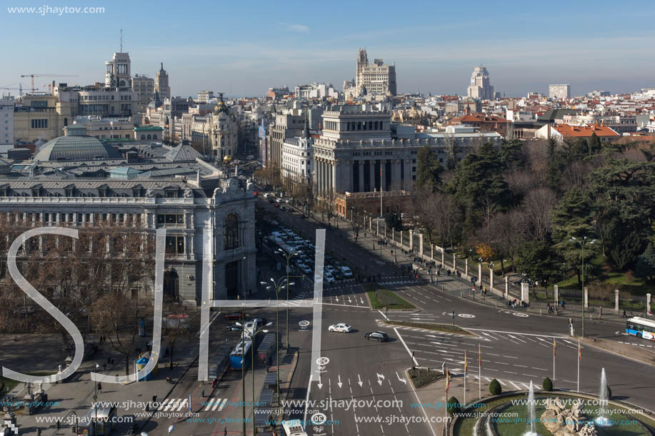 MADRID, SPAIN - JANUARY 24, 2018:  Panoramic view from the terrace of Cybele Palace (Palacio de Cibeles), Madrid, Spain