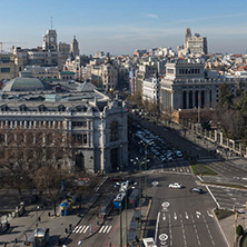 MADRID, SPAIN - JANUARY 24, 2018:  Panoramic view from the terrace of Cybele Palace (Palacio de Cibeles), Madrid, Spain