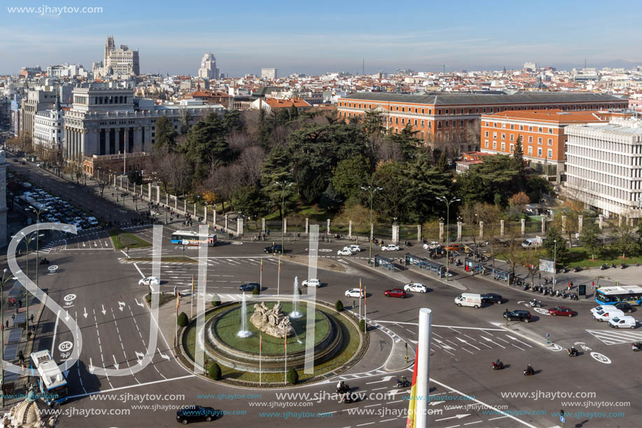 MADRID, SPAIN - JANUARY 24, 2018:  Panoramic view from the terrace of Cybele Palace (Palacio de Cibeles), Madrid, Spain