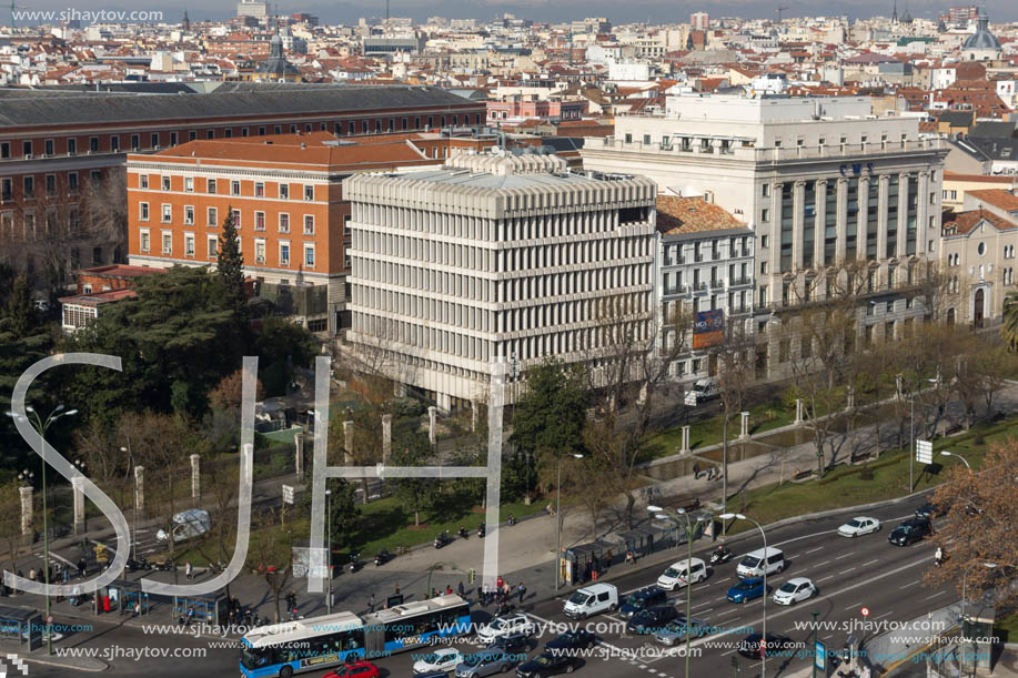 MADRID, SPAIN - JANUARY 24, 2018:  Panoramic view from the terrace of Cybele Palace (Palacio de Cibeles), Madrid, Spain