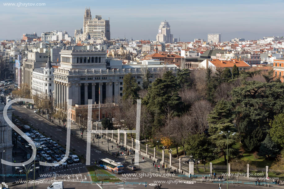 MADRID, SPAIN - JANUARY 24, 2018:  Panoramic view from the terrace of Cybele Palace (Palacio de Cibeles), Madrid, Spain