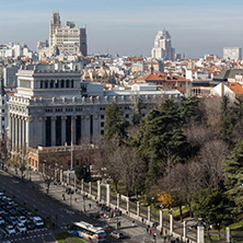 MADRID, SPAIN - JANUARY 24, 2018:  Panoramic view from the terrace of Cybele Palace (Palacio de Cibeles), Madrid, Spain