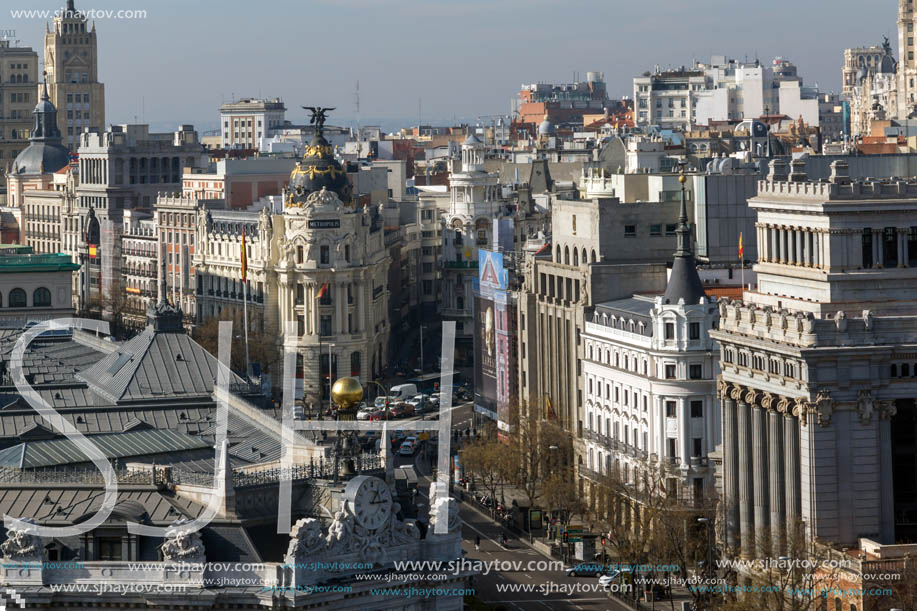 MADRID, SPAIN - JANUARY 24, 2018:  Panoramic view from the terrace of Cybele Palace (Palacio de Cibeles), Madrid, Spain