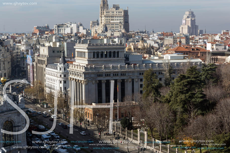 MADRID, SPAIN - JANUARY 24, 2018:  Panoramic view from the terrace of Cybele Palace (Palacio de Cibeles), Madrid, Spain