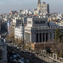MADRID, SPAIN - JANUARY 24, 2018:  Panoramic view from the terrace of Cybele Palace (Palacio de Cibeles), Madrid, Spain
