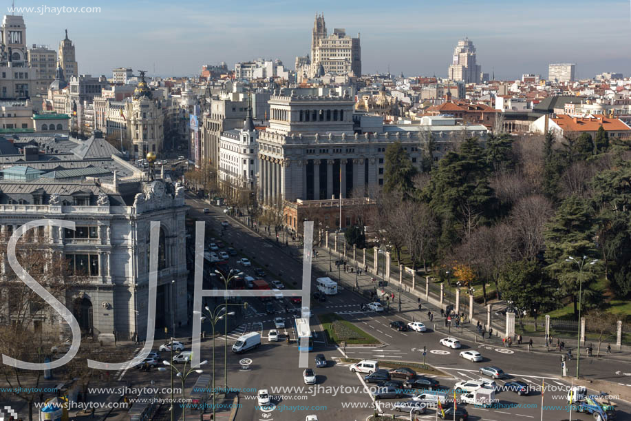 MADRID, SPAIN - JANUARY 24, 2018:  Panoramic view from the terrace of Cybele Palace (Palacio de Cibeles), Madrid, Spain