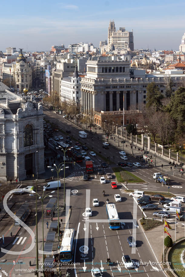 MADRID, SPAIN - JANUARY 24, 2018:  Panoramic view from the terrace of Cybele Palace (Palacio de Cibeles), Madrid, Spain