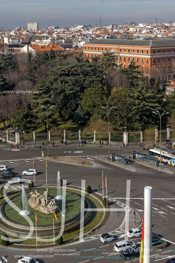 MADRID, SPAIN - JANUARY 24, 2018:  Panoramic view from the terrace of Cybele Palace (Palacio de Cibeles), Madrid, Spain