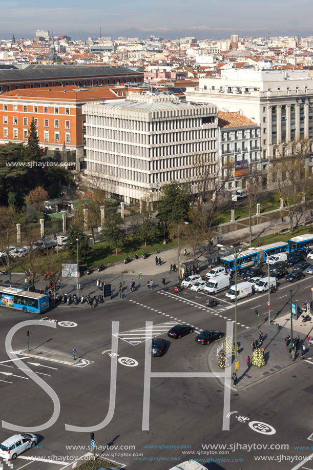 MADRID, SPAIN - JANUARY 24, 2018:  Panoramic view from the terrace of Cybele Palace (Palacio de Cibeles), Madrid, Spain