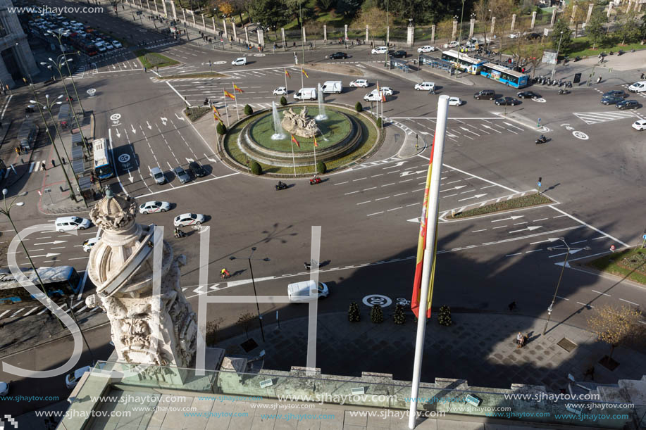 MADRID, SPAIN - JANUARY 24, 2018:  Panoramic view from the terrace of Cybele Palace (Palacio de Cibeles), Madrid, Spain