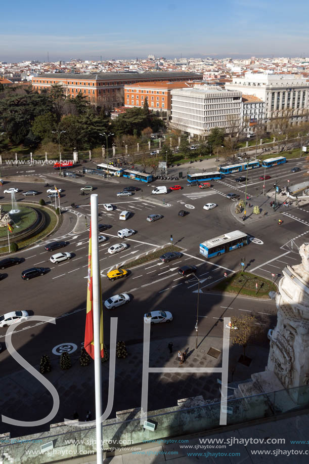 MADRID, SPAIN - JANUARY 24, 2018:  Panoramic view from the terrace of Cybele Palace (Palacio de Cibeles), Madrid, Spain