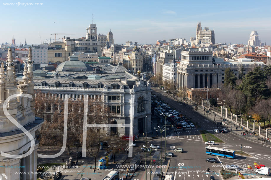 MADRID, SPAIN - JANUARY 24, 2018:  Panoramic view from the terrace of Cybele Palace (Palacio de Cibeles), Madrid, Spain