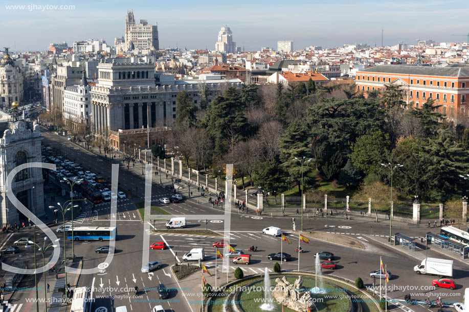 MADRID, SPAIN - JANUARY 24, 2018:  Panoramic view from the terrace of Cybele Palace (Palacio de Cibeles), Madrid, Spain