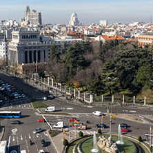 MADRID, SPAIN - JANUARY 24, 2018:  Panoramic view from the terrace of Cybele Palace (Palacio de Cibeles), Madrid, Spain