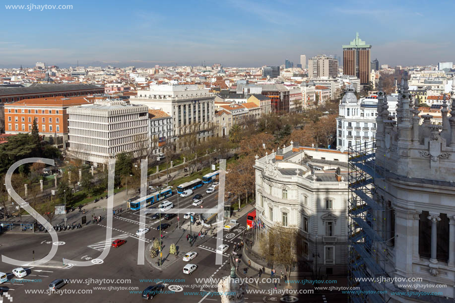 MADRID, SPAIN - JANUARY 24, 2018:  Panoramic view from the terrace of Cybele Palace (Palacio de Cibeles), Madrid, Spain