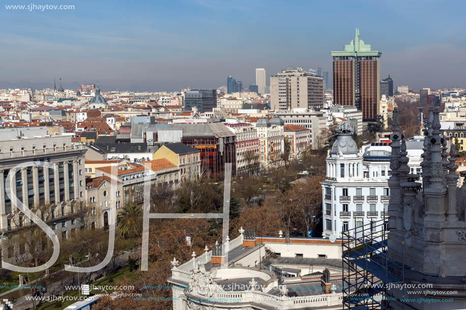 MADRID, SPAIN - JANUARY 24, 2018:  Panoramic view from the terrace of Cybele Palace (Palacio de Cibeles), Madrid, Spain