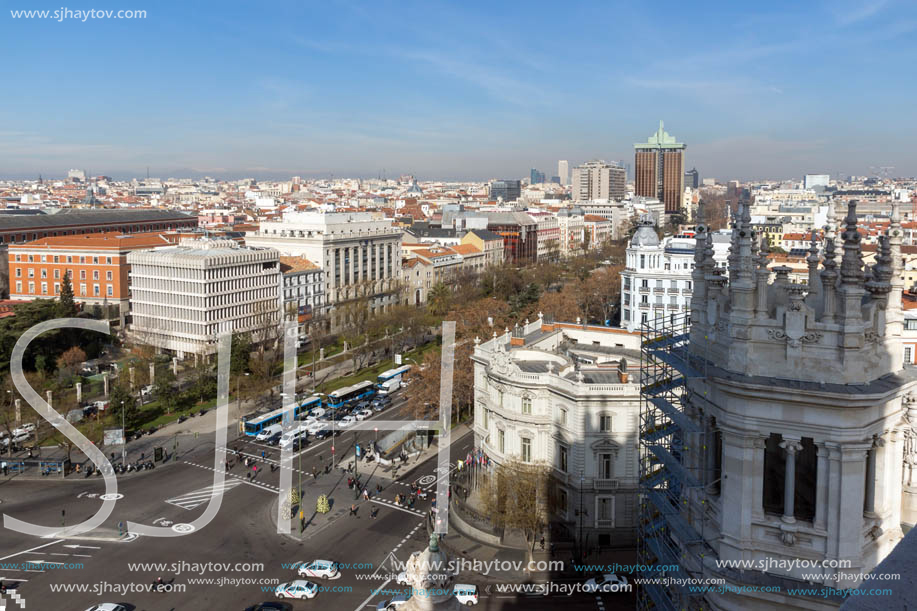 MADRID, SPAIN - JANUARY 24, 2018:  Panoramic view from the terrace of Cybele Palace (Palacio de Cibeles), Madrid, Spain