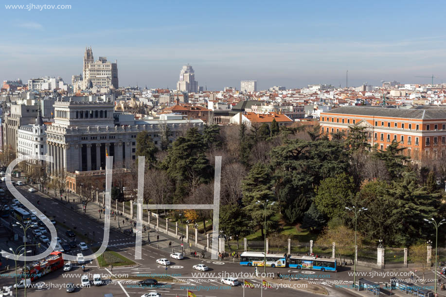 MADRID, SPAIN - JANUARY 24, 2018:  Panoramic view from the terrace of Cybele Palace (Palacio de Cibeles), Madrid, Spain