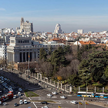 MADRID, SPAIN - JANUARY 24, 2018:  Panoramic view from the terrace of Cybele Palace (Palacio de Cibeles), Madrid, Spain