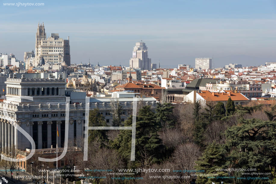 MADRID, SPAIN - JANUARY 24, 2018:  Panoramic view from the terrace of Cybele Palace (Palacio de Cibeles), Madrid, Spain