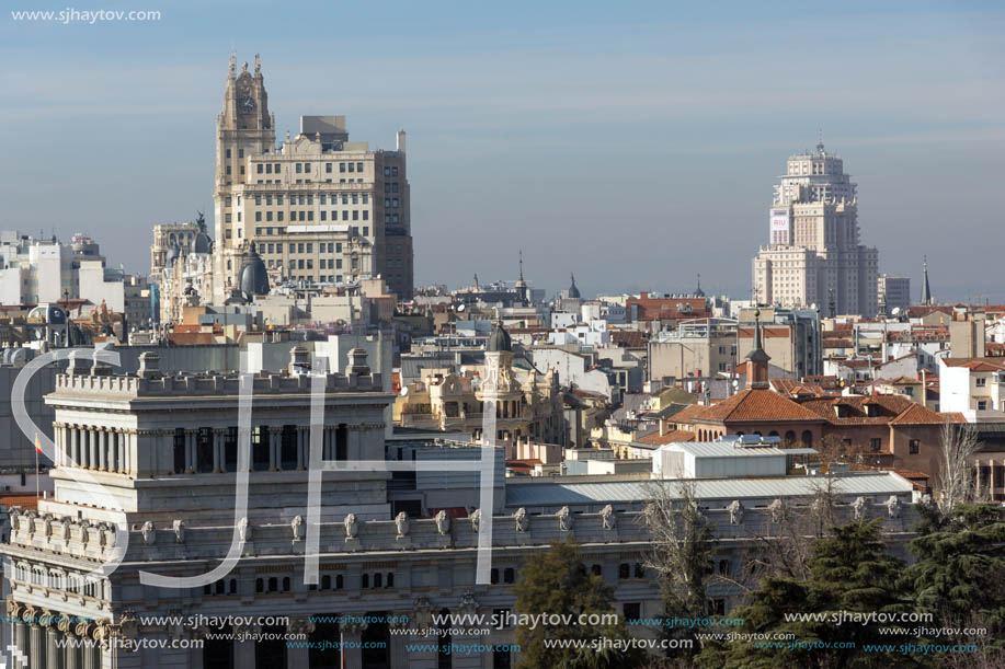 MADRID, SPAIN - JANUARY 24, 2018:  Panoramic view from the terrace of Cybele Palace (Palacio de Cibeles), Madrid, Spain