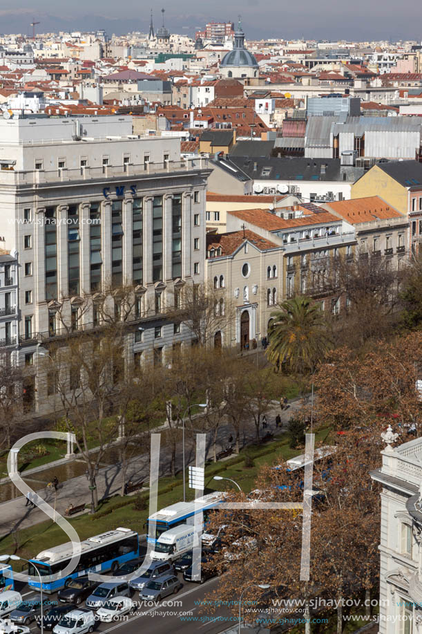 MADRID, SPAIN - JANUARY 24, 2018:  Panoramic view from the terrace of Cybele Palace (Palacio de Cibeles), Madrid, Spain