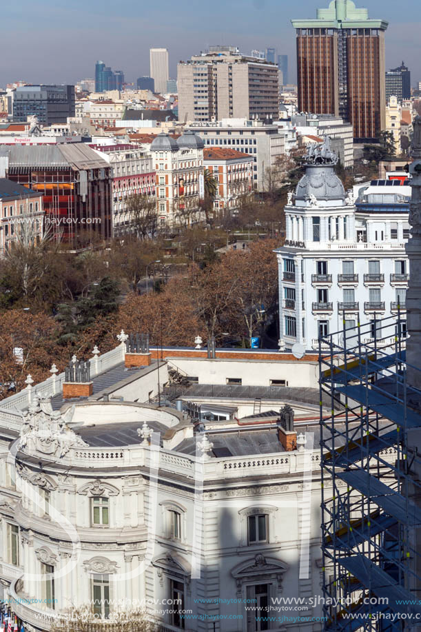 MADRID, SPAIN - JANUARY 24, 2018:  Panoramic view from the terrace of Cybele Palace (Palacio de Cibeles), Madrid, Spain