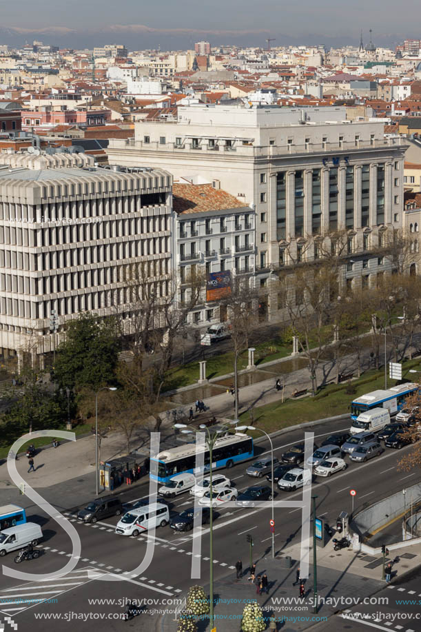 MADRID, SPAIN - JANUARY 24, 2018:  Panoramic view from the terrace of Cybele Palace (Palacio de Cibeles), Madrid, Spain