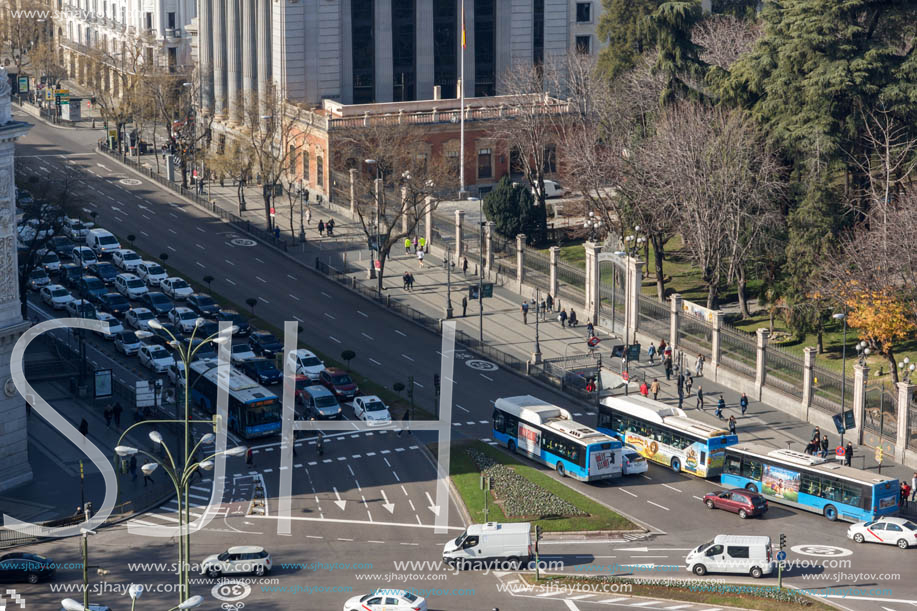 MADRID, SPAIN - JANUARY 24, 2018:  Panoramic view from the terrace of Cybele Palace (Palacio de Cibeles), Madrid, Spain