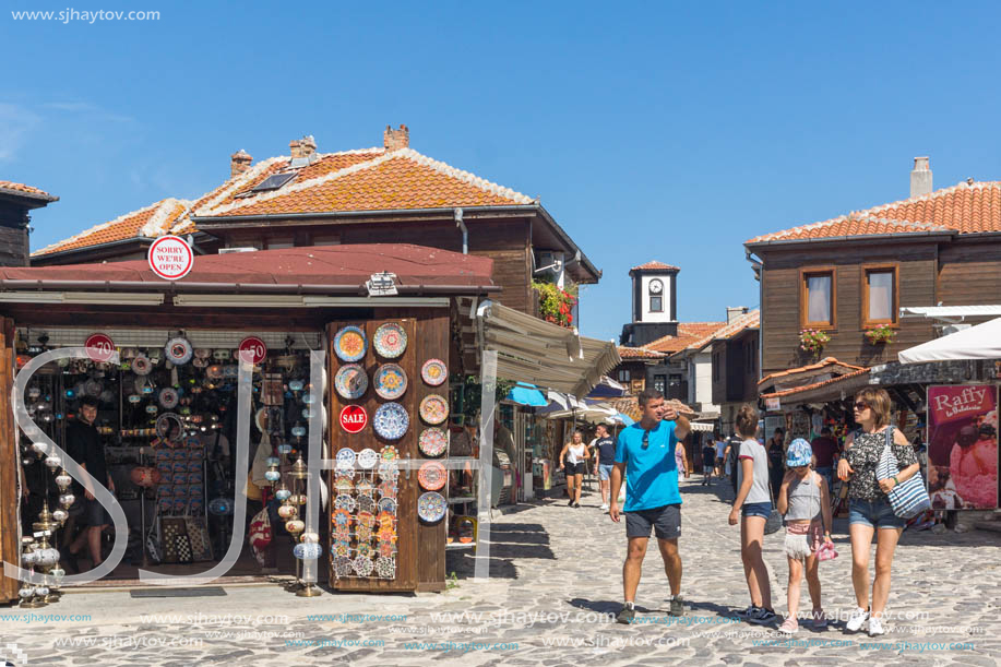 NESSEBAR, BULGARIA - AUGUST 12, 2018: Typical Street in old town of Nessebar, Burgas Region, Bulgaria