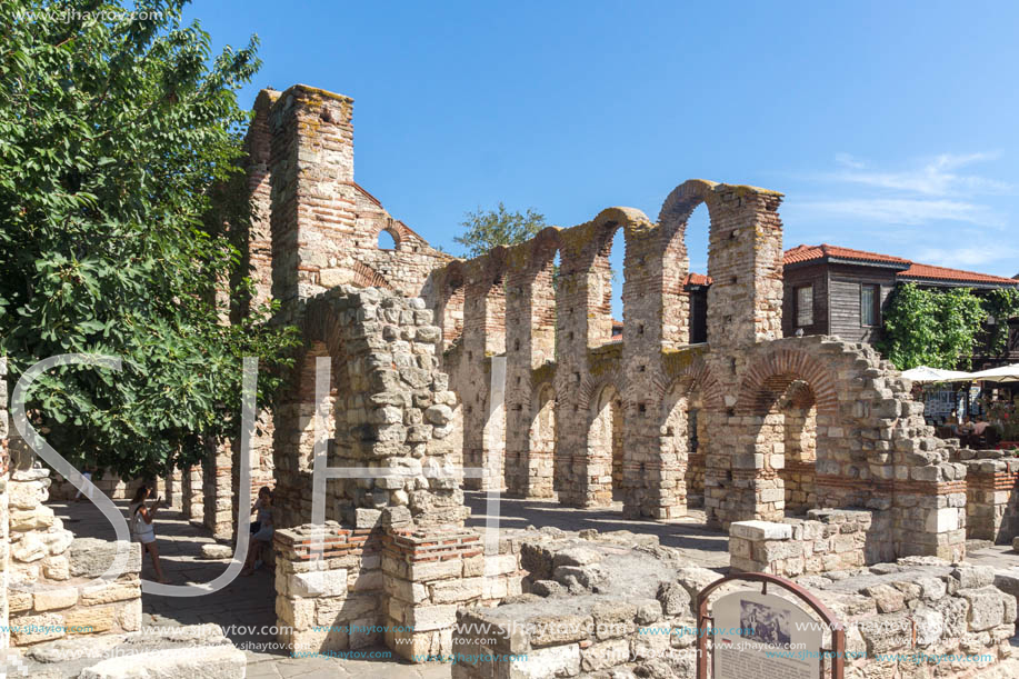 NESSEBAR, BULGARIA - AUGUST 12, 2018: Ruins of Ancient Church of Saint Sophia in the town of Nessebar, Burgas Region, Bulgaria