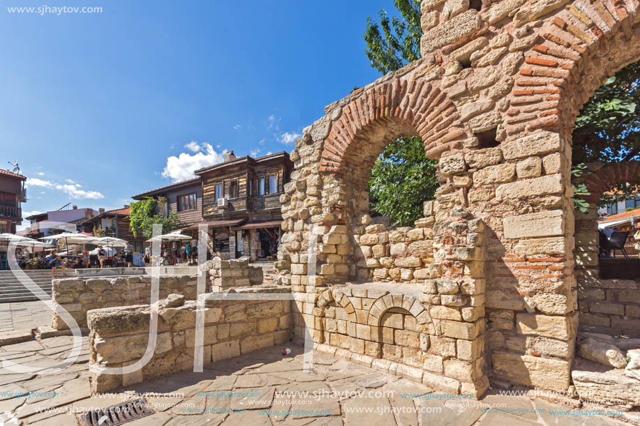 NESSEBAR, BULGARIA - AUGUST 12, 2018: Ruins of Ancient Church of Saint Sophia in the town of Nessebar, Burgas Region, Bulgaria