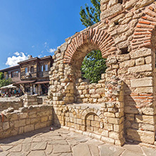 NESSEBAR, BULGARIA - AUGUST 12, 2018: Ruins of Ancient Church of Saint Sophia in the town of Nessebar, Burgas Region, Bulgaria