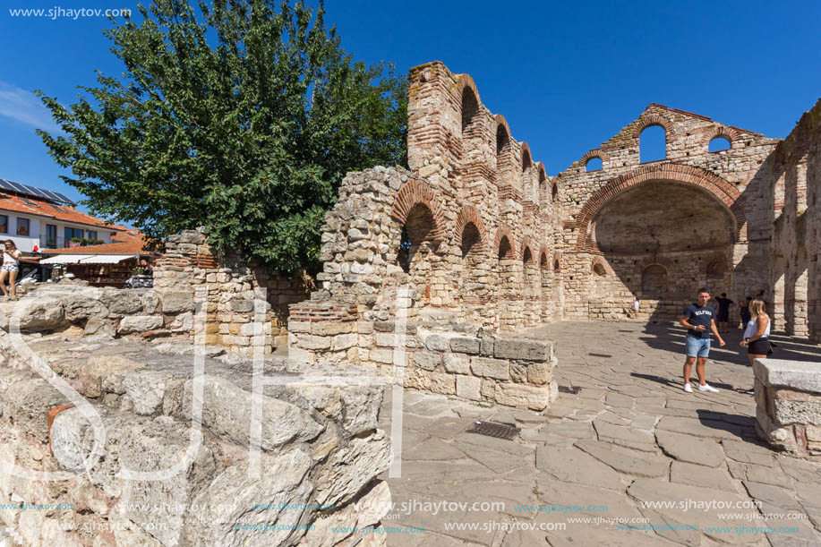 NESSEBAR, BULGARIA - AUGUST 12, 2018: Ruins of Ancient Church of Saint Sophia in the town of Nessebar, Burgas Region, Bulgaria